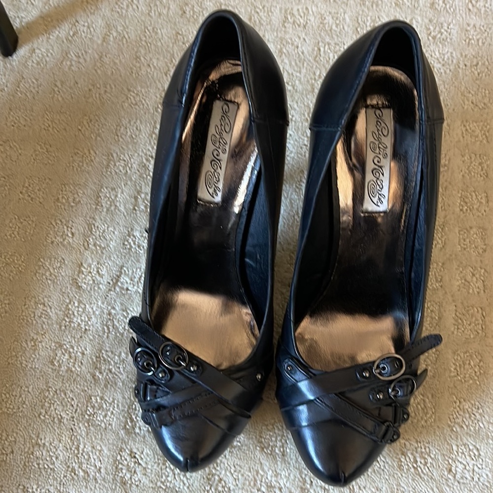 Naughty Monkey black leather Snoop heels, NWOT, size 10